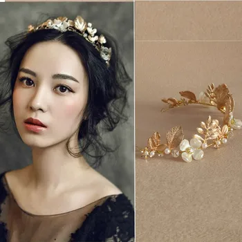 

Gold Leaf Tiara Bridal Headband Handmade Pearl Hair Jewelry Wedding Accessories Vintage Women Headpiece