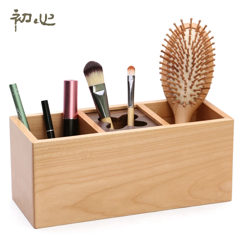 CHUXIN Solid Wooden Makeup Case 3 Grids Maple Storage Box Medium 