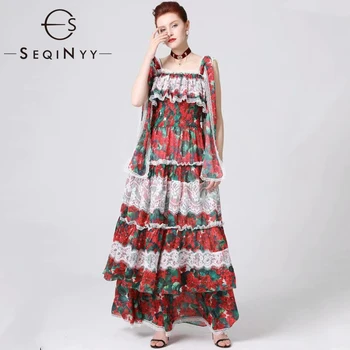 

SEQINYY Elegant Long Dress 2019 Summer New Fashion Design Bow Spaghetti Strap White Lace Elastic Waist Flowers Printed Dress