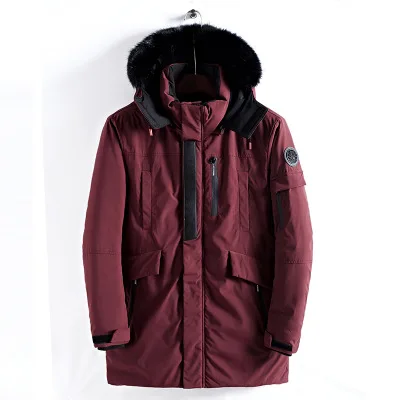 Зимнее пальто для мужчин, ветровка с меховым капюшоном, уличная мужская куртка в стиле хип-хоп, военный Тренч, пальто, длинная парка, jaqueta masculina - Цвет: Бургундия