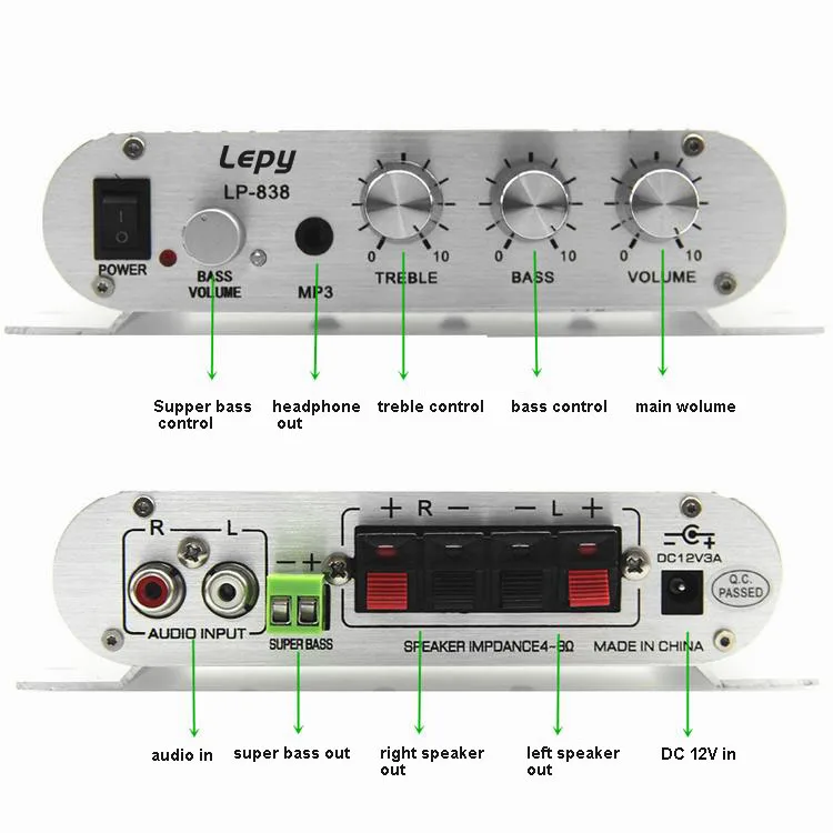 С 12V3A мощность+ аудио кабель Lepy LP-838 Мини цифровой Hi-Fi автомобильный усилитель мощности 2.1CH цифровой сабвуфер стерео бас аудио плеер