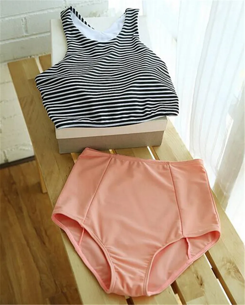 pink striped high waisted bikini