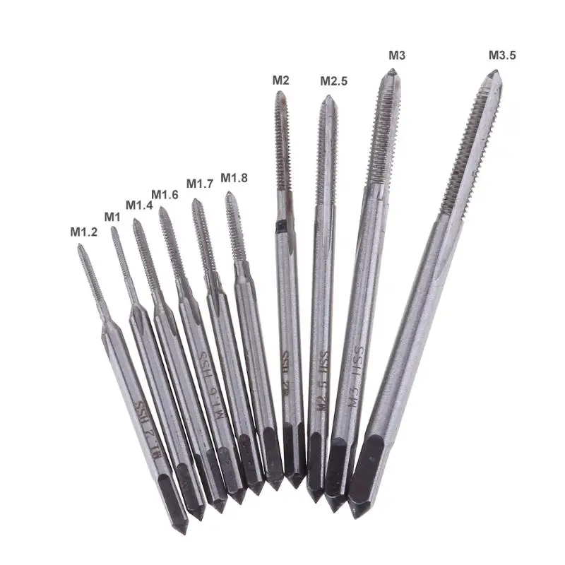 

10pcs Mini Tap Dies Set Thread Hex Shank Hand Tap HSS Screw Spiral Thread M1 M1.2 M1.4 M1.6 M1.7 M1.8 M2 2.5 M3 3.5