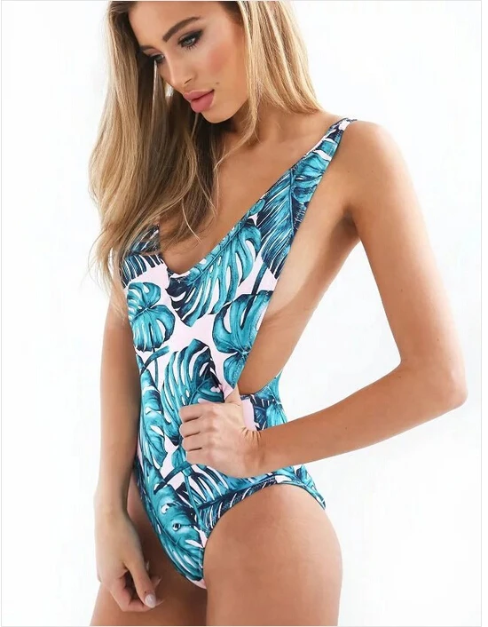 

Sexy Ladies One Piece Swimsuit Women 2017 Leaf Print Swim Suit Female Side Open Swimwear Girls Brizilian One Piece Bikiny