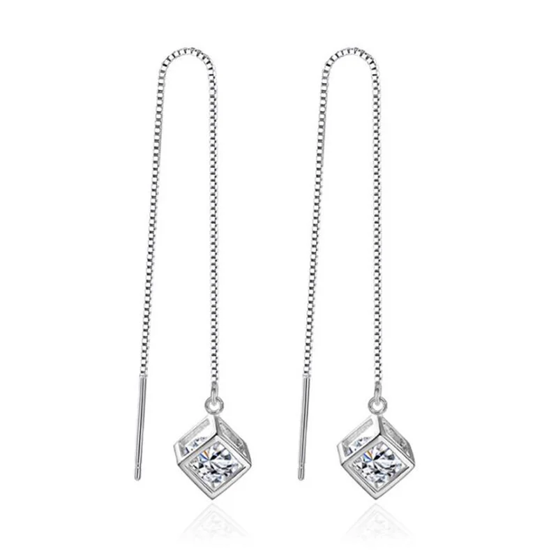 Real Pure 925 Sterling Silver Long Drop Square CZ Crystal Earrings For Women Girls Gift Fashion sterling-silver-jewelry 1Y465