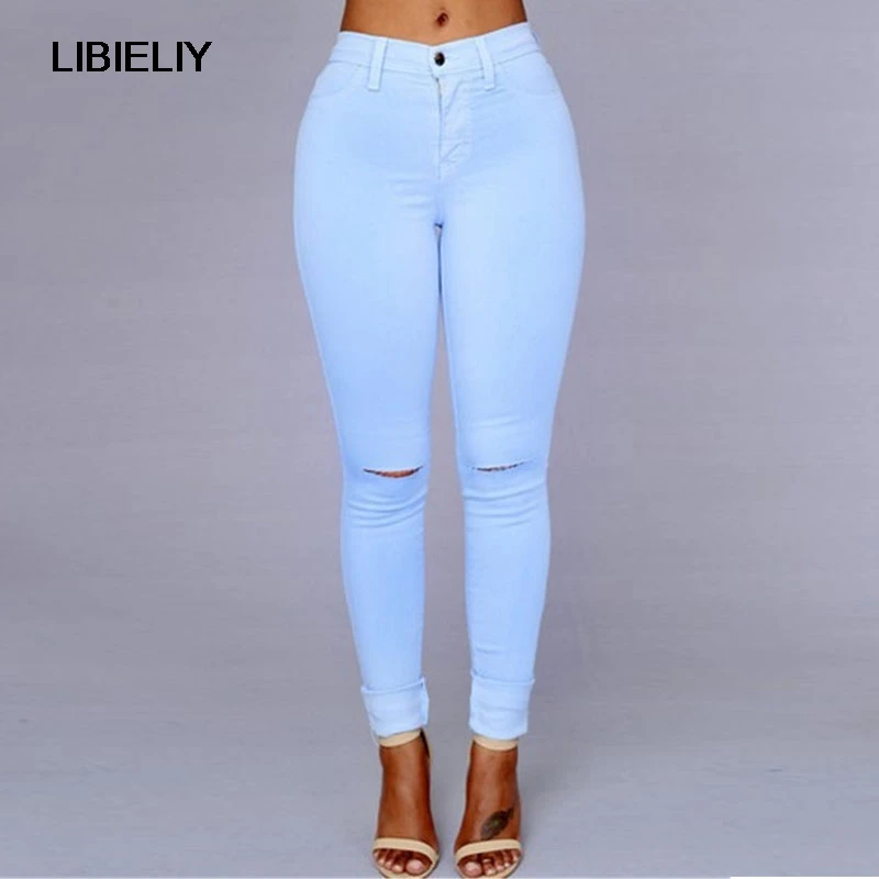 High Waist Ripped Jeans For Women Nice Skinny Candy Color Cotton Jeans