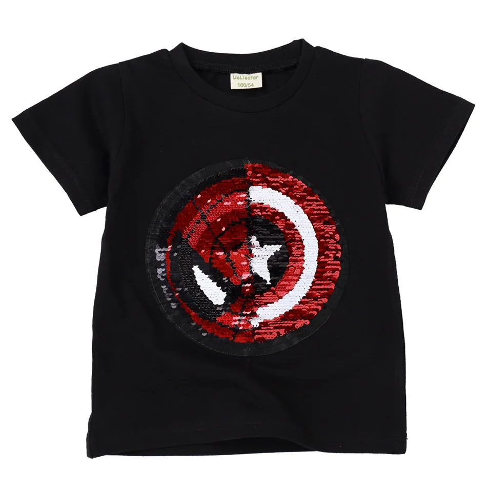 PaMaBa/Летняя одежда для мальчиков; футболка с супергероями; Двусторонняя Детская футболка с блестками и рисунком Человека-паука; Забавная детская футболка