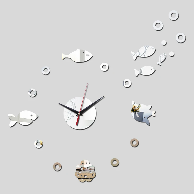 Новые 3d украшения из акрила кварцевые цифровое Зеркало Часы настенные наклейки diy часы в форме рыбы часы для гостиной