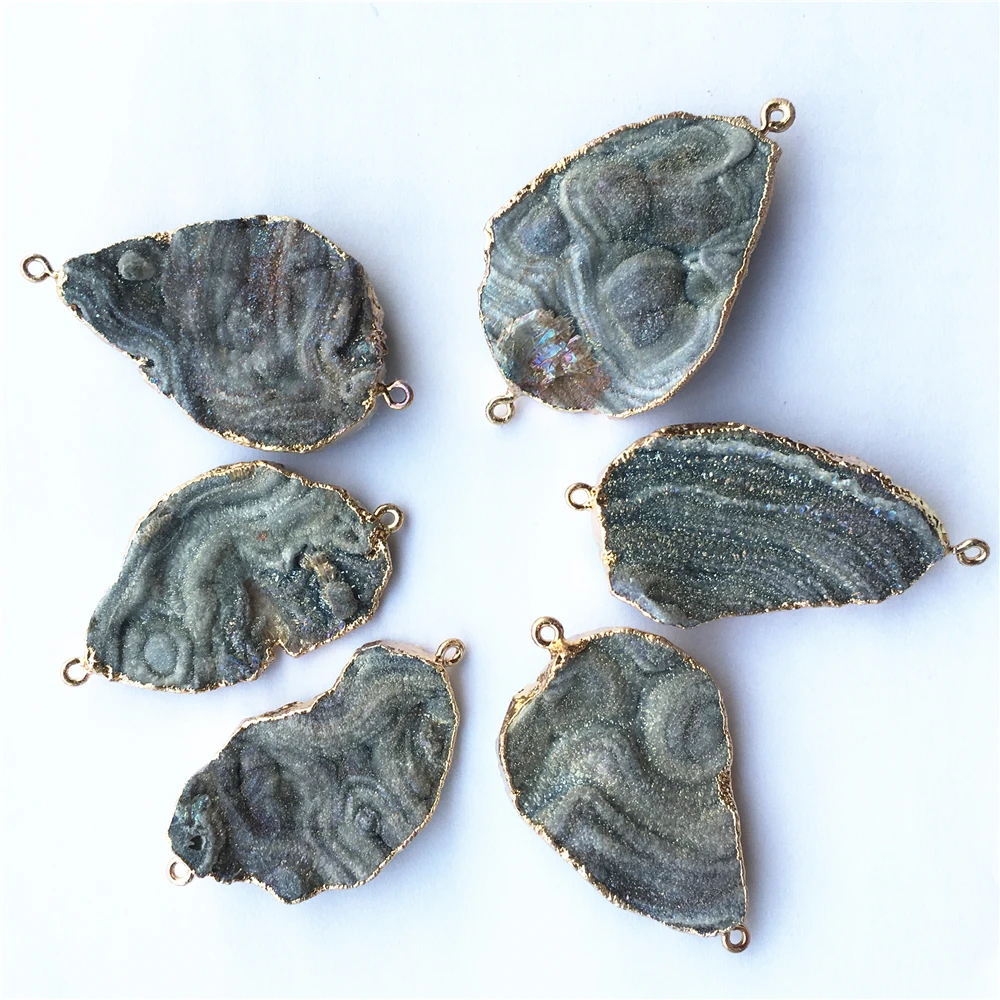 

Gazelle New Fashion Natural Stone Raw Ore Druzys Drusy Connector Pendants&Necklace Gray Agates Stone Pendants 6Pcs Wholesale Lot