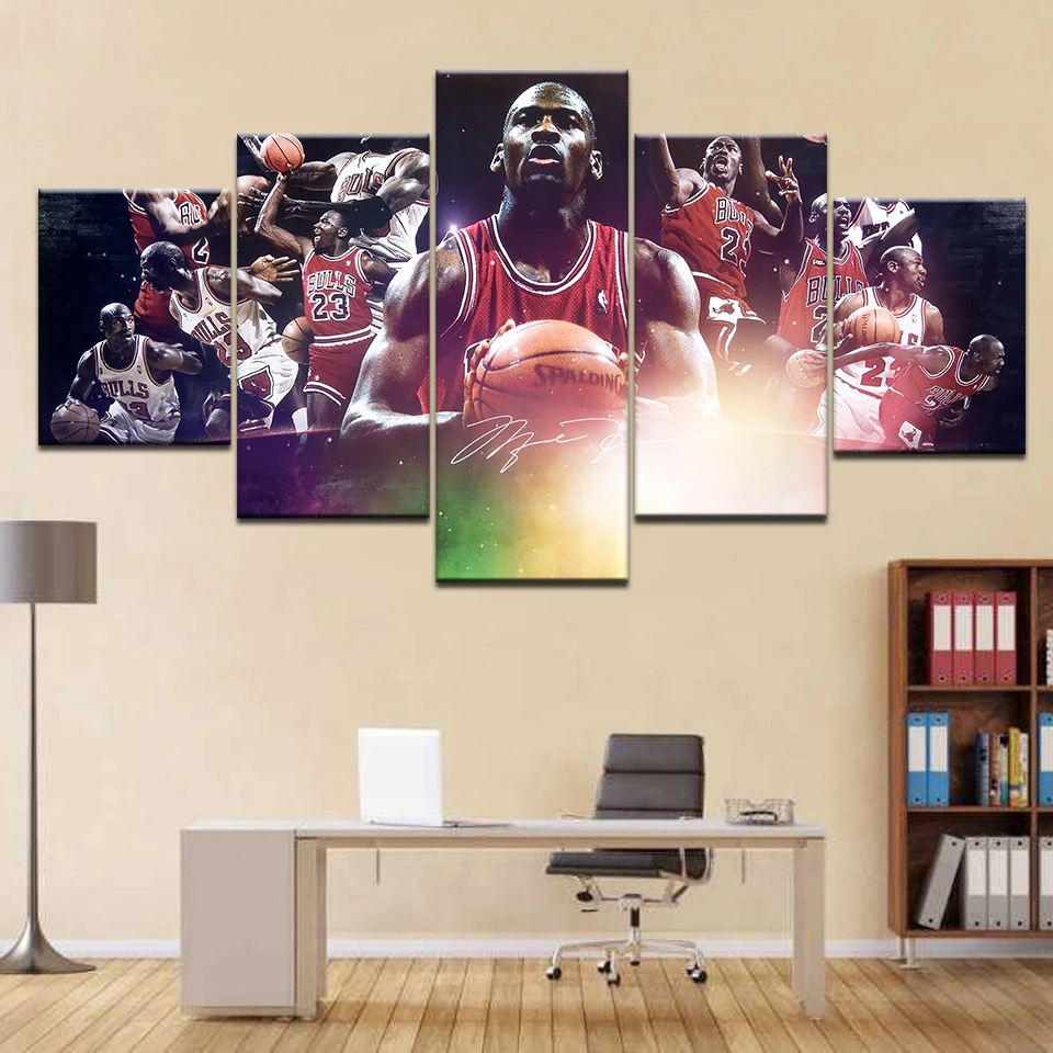 

basketball Star Michael Jordan HD Canvas Painting 5 Panel Picture Wall Art Poster for Living Room Home Decoration Frame Artwork