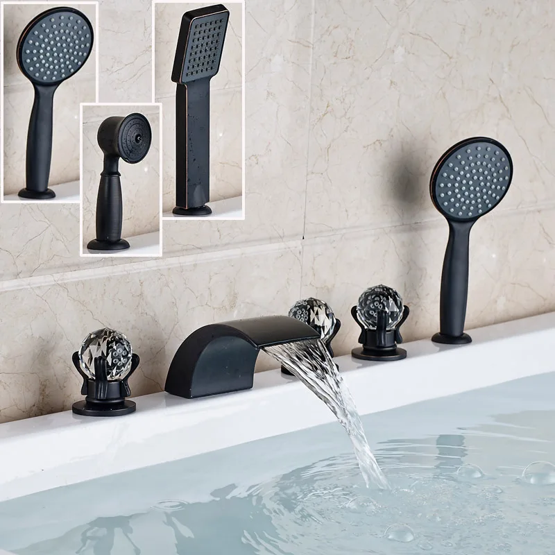 

Widespread 5pc Waterfall Bathtub Sink Faucet Three Handles Oil Rubbed Black Bathroom Bathtub Mixer Taps