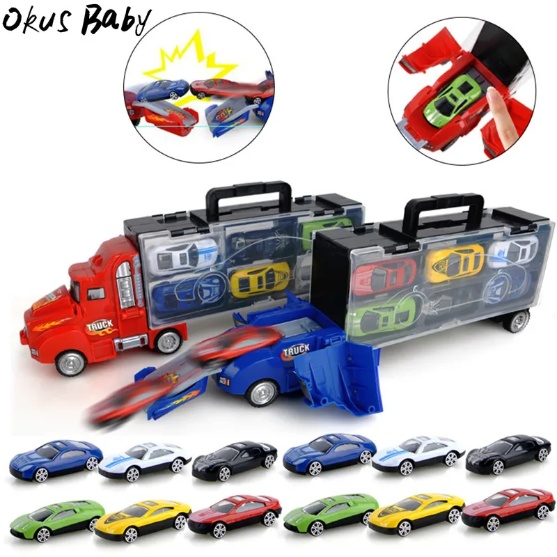 

2019 Newest Children's Toy Catapult Battle Container Truck Storage Box 12 Sliding Small Alloy Car Model Toys Birthday Gifts