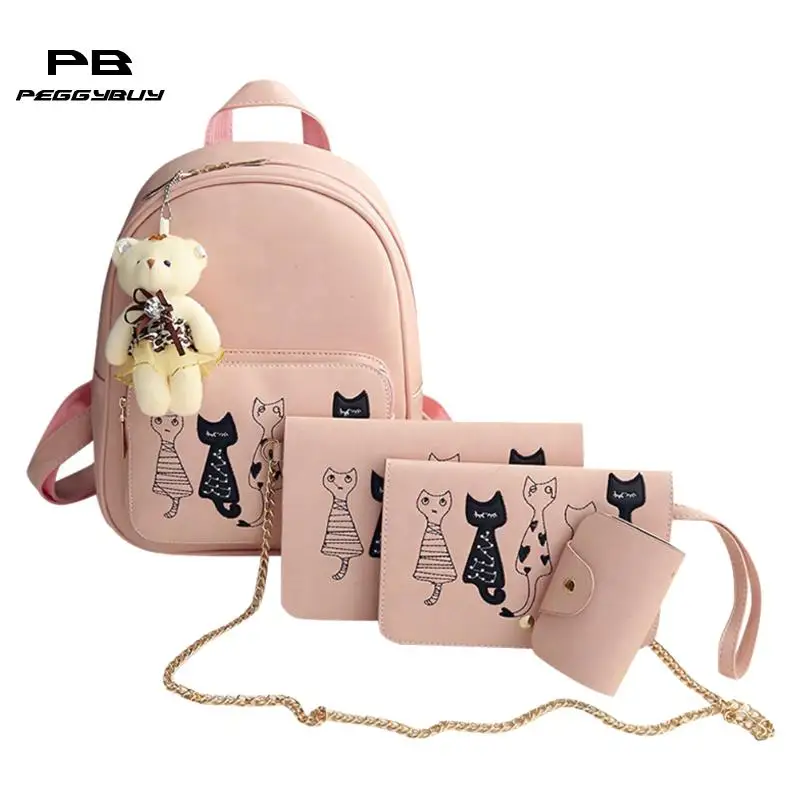 4PcsSet Small Backpack Female School Bags for Teenage Girls Black Pink PU Leather Women Backpack Shoulder Bag Purse Clutch Tote