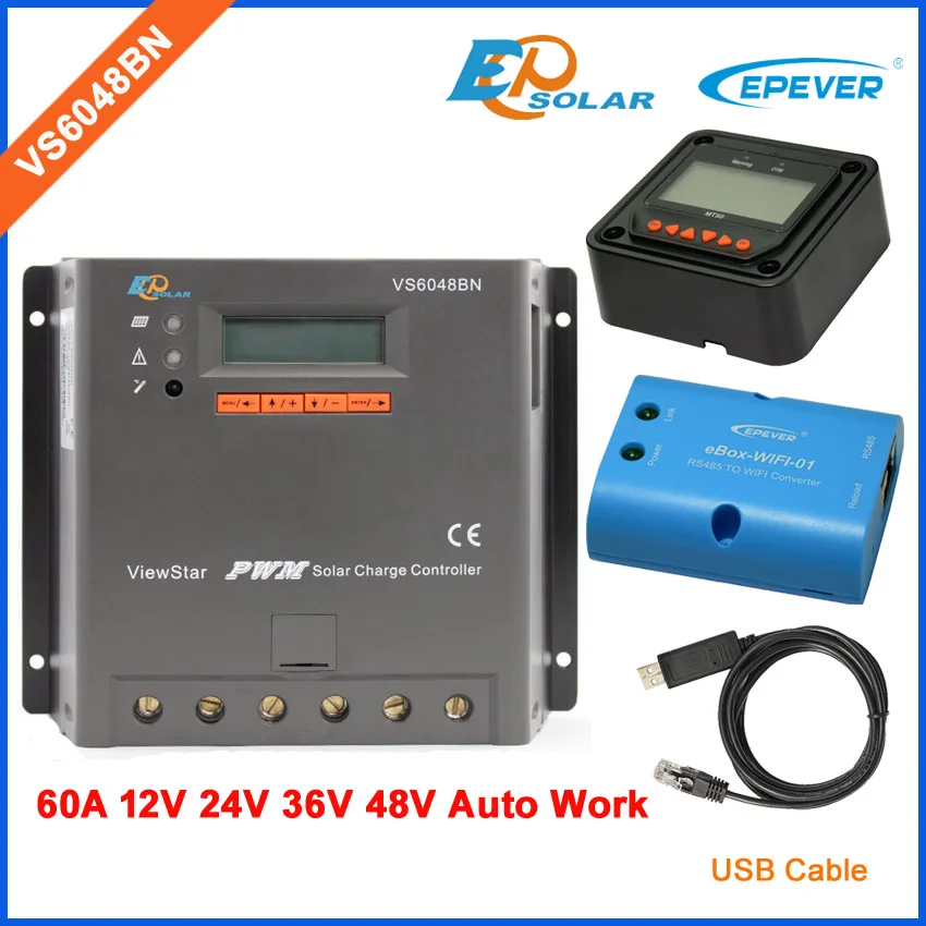 

EPEVER 60A 60amp EPSolar Charge Controller VS6048BN MT50 remote meter wifi connect APP use and USB cable