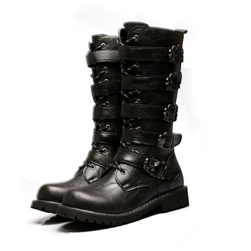 LIN KING/большие размеры 46, черные мужские сапоги до середины икры в стиле панк, мотоциклетные сапоги на шнуровке в римском стиле, высокие сапоги с пряжкой на толстой подошве, весна-осень
