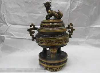 

13"Tibetan Folk Classical Copper Foo Dog Lion Buddhism incense burner Censer