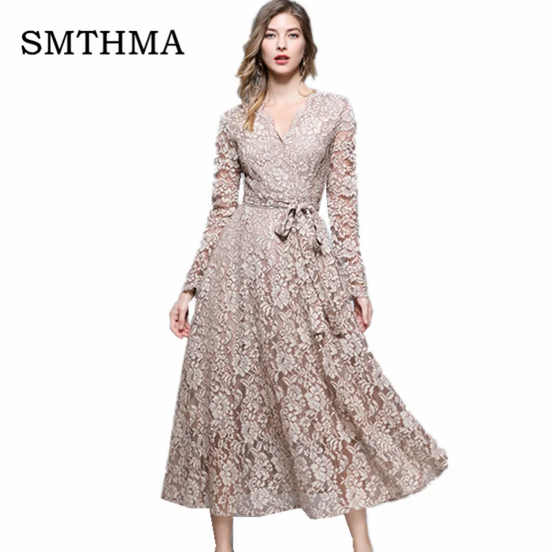 

SMTHMA HIGH QUALITY New Fashion 2019 Runway Maxi Dress Women's Long Sleeve Sexy V-neck Lace Long Dress vestidos