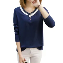 Новые женские топы с v-образным вырезом и длинными рукавами, Модные свободные одноцветные рубашки, женские черно-белые футболки, большие размеры 3XL, RE0451