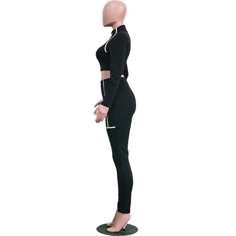 Черный сетчатый лоскутный Топ с длинным рукавом, комплект из 2 предметов, топ и штаны, комплекты для женщин, спортивный костюм, Прямая поставка