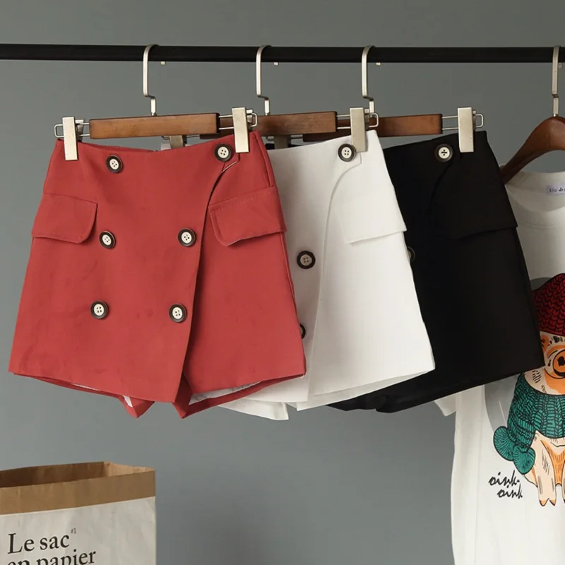 Skirt Women Basic sexy Culottes skirt Retro double breasted skirt high