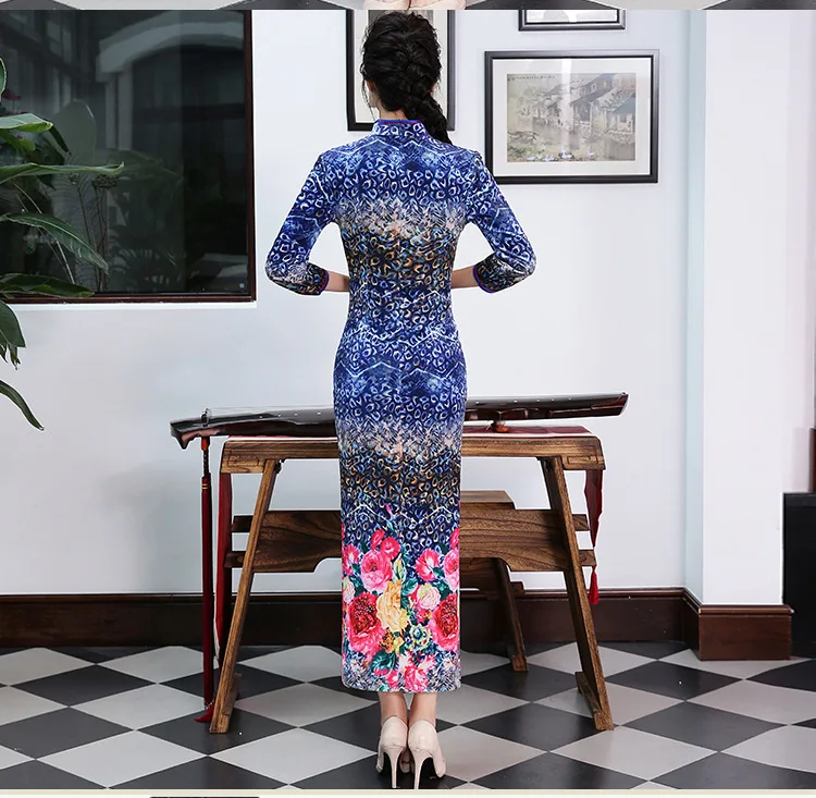 2018 Зимние Синие Cheongsam бархат Qipao традиционное китайское платье Для женщин Платья для вечеринок Oriental Воротники Vestido Mujer Чино