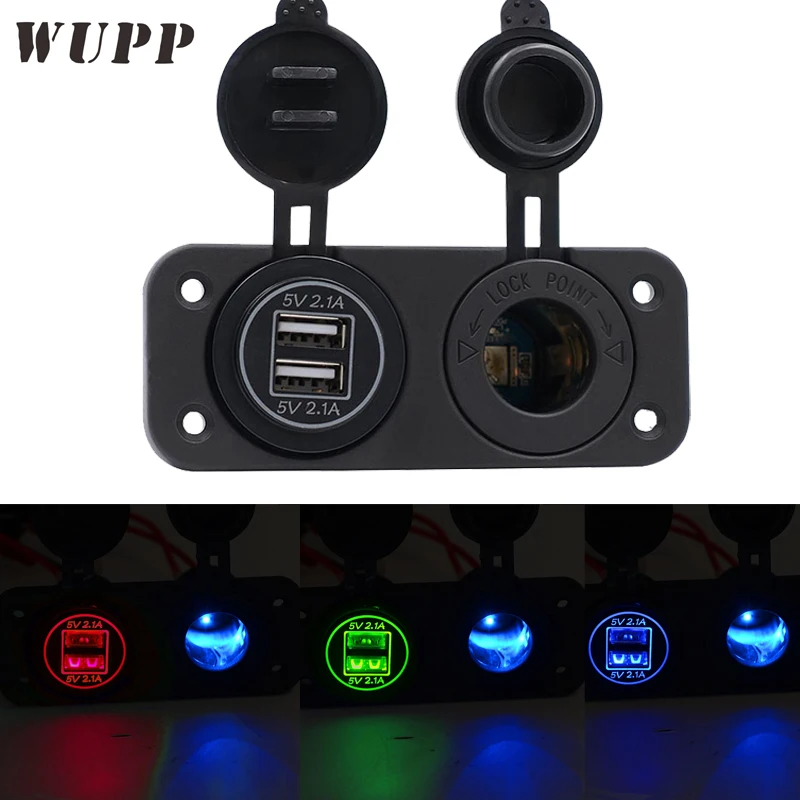 

WUPP Blue/ Green/ Red 5V 2.1A USB Car Charger Power Outlet Adapter With 12V Blue Cigarette Lighter Socket Waterproof