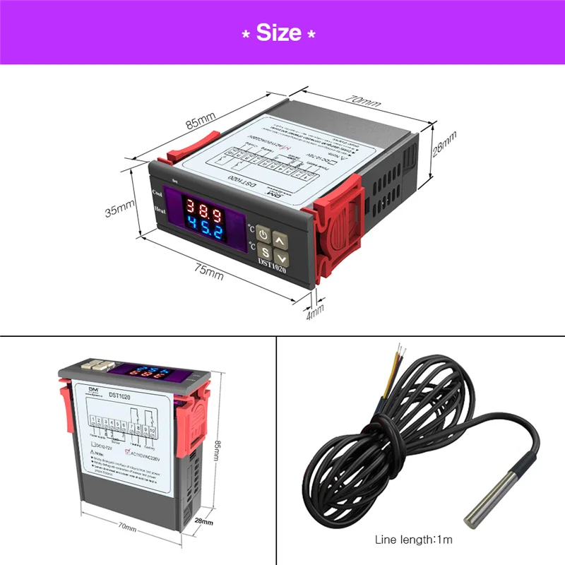 DST1020 DC 12 V-72 V AC 110-230V двойной Дисплей Цифровой термостат регулятор влажности воздуха DS18B20 Сенсор Водонепроницаемый зонд