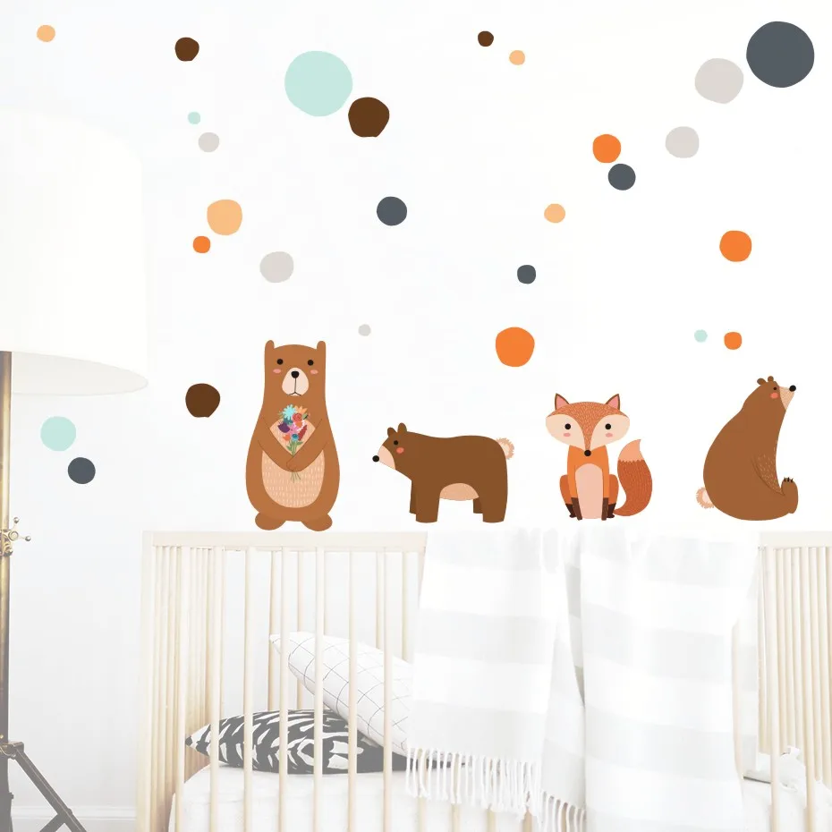 

Woodland Funny Animals Wall Sticker Colored Polka Dots Decals For Kids Nursery Room Decoration For House Nordic Style Murals Art