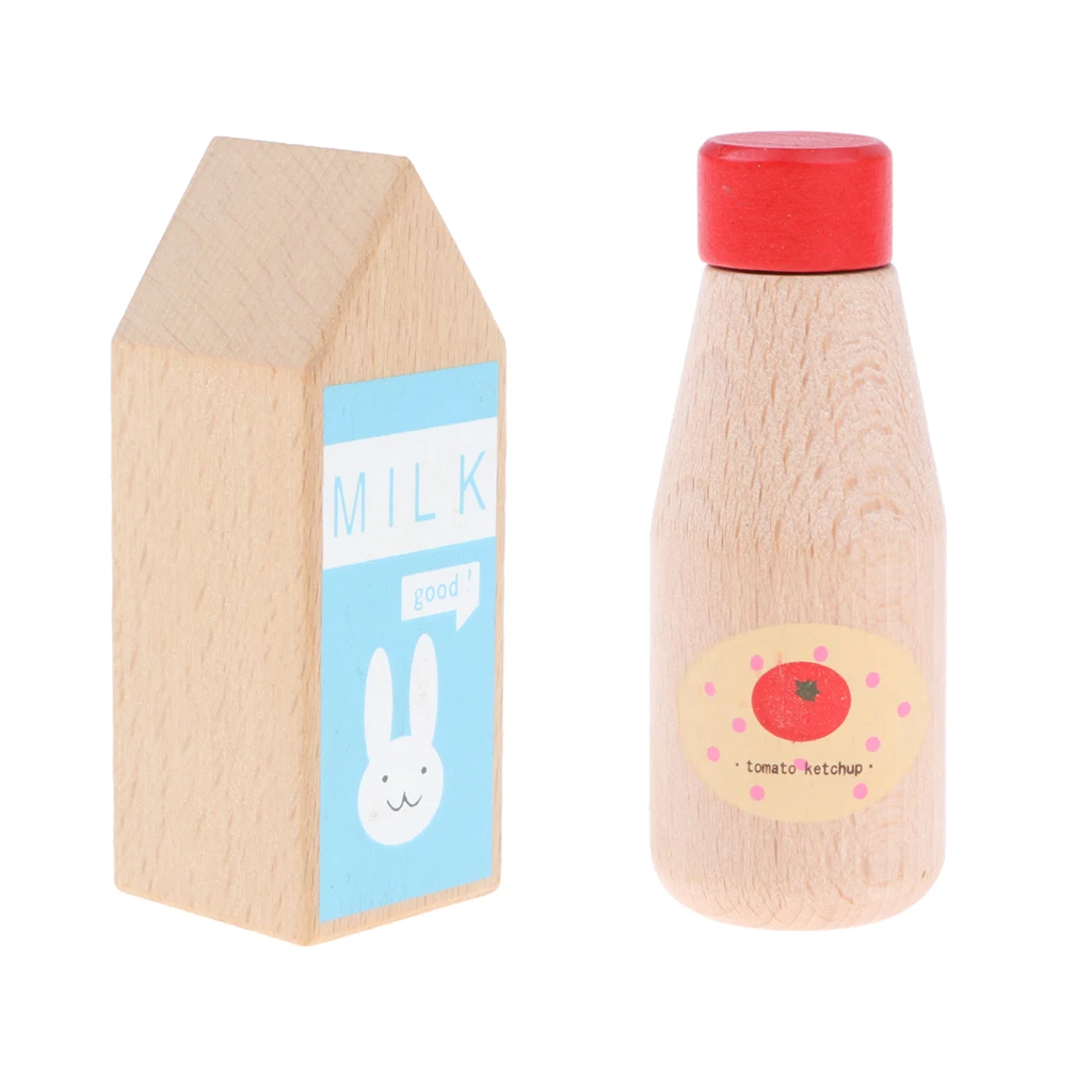 Pack of 2 Wooden Condiment Bottle Chef Role Play Tableware Toy for Kids - Ketchup Bottle & Milk Bottle