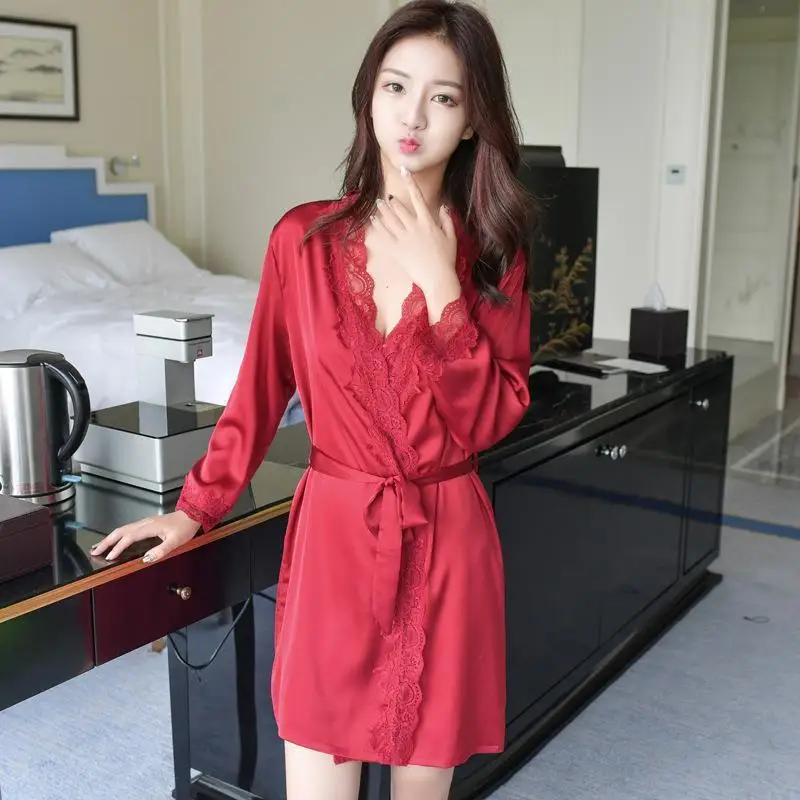 

Women's Satin Silk Lace Robe Female Sexy Bathrobe Robes Sleepwear Ladies Mini Above Knee Robe For Women Drop Shipping