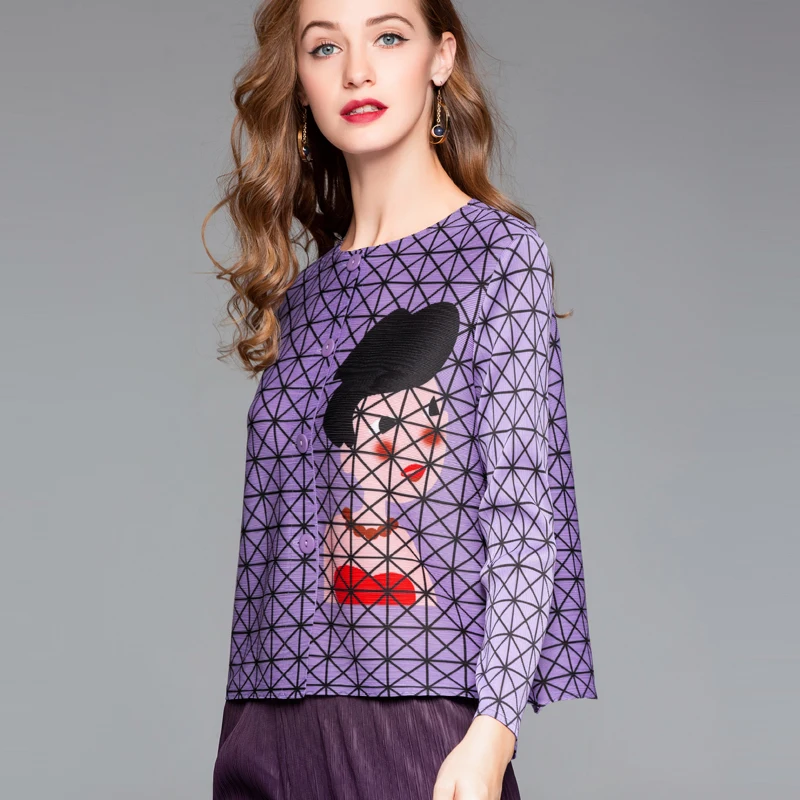 2018 Manches cou Manteau Single Marée Gamme Lâche Court Haut Plissée See Nouveau breasted see O Veste Changpleat De Miyak Mode Longues Chart Femmes Imprimé Chart dwqCC6T
