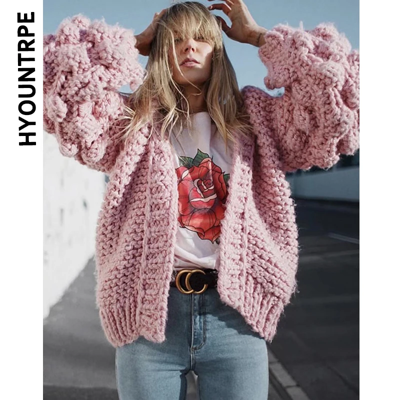 

Knitted Ball Lantern Sleeve Cardigan Autumn Chic Women Lazy Sweater Winter Elegant Solid Warm Loose Open Stitch Outerwear Jumper