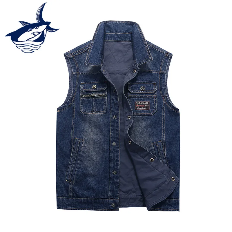 

New Fashion Both Sides Wear Reversible Men's Denim Vest Brand Tace & Shark Vest Men Embroidery Single Breasted colete masculino