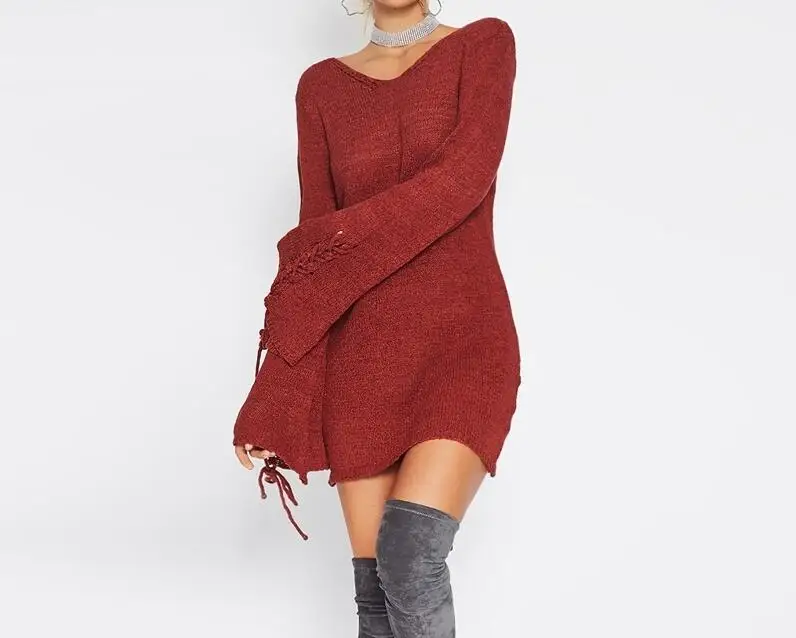

2017 Winter New European Style Women Fashion V Collar Long Flare Sleeve Cross Strap Solid Color Casual Knitted Dress Vestidos