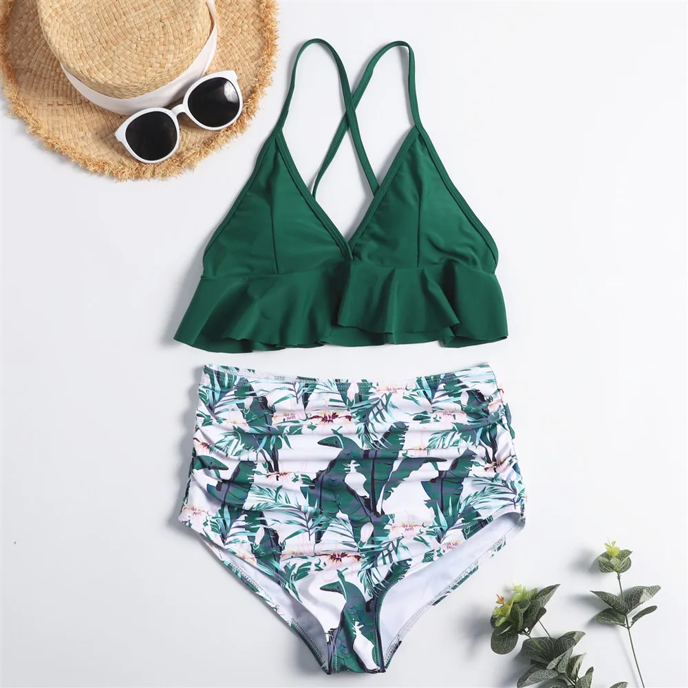 

New Sexy Digital Printed Bikini Beach Swimming Suit with Lotus Leaf Edge and High Waist Fold in Europe and America in 2019