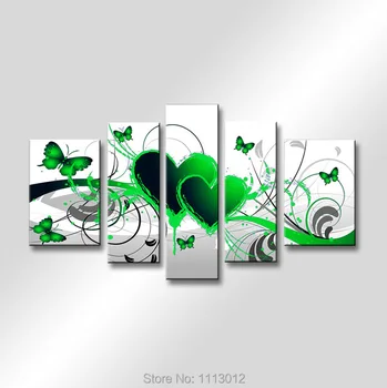 

Green Flower Butterfly Double Heart Oil Painting High Quality 5 Pc Sets On Canvas Home Decoration Modern Picture For Living Room