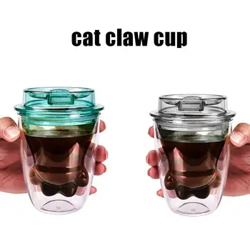 

240ML Double Layer Insulated Cat's Claw Mug Animal Glass Cat Claw Shape Coffee Cup Portable Handheld Plastic Cup