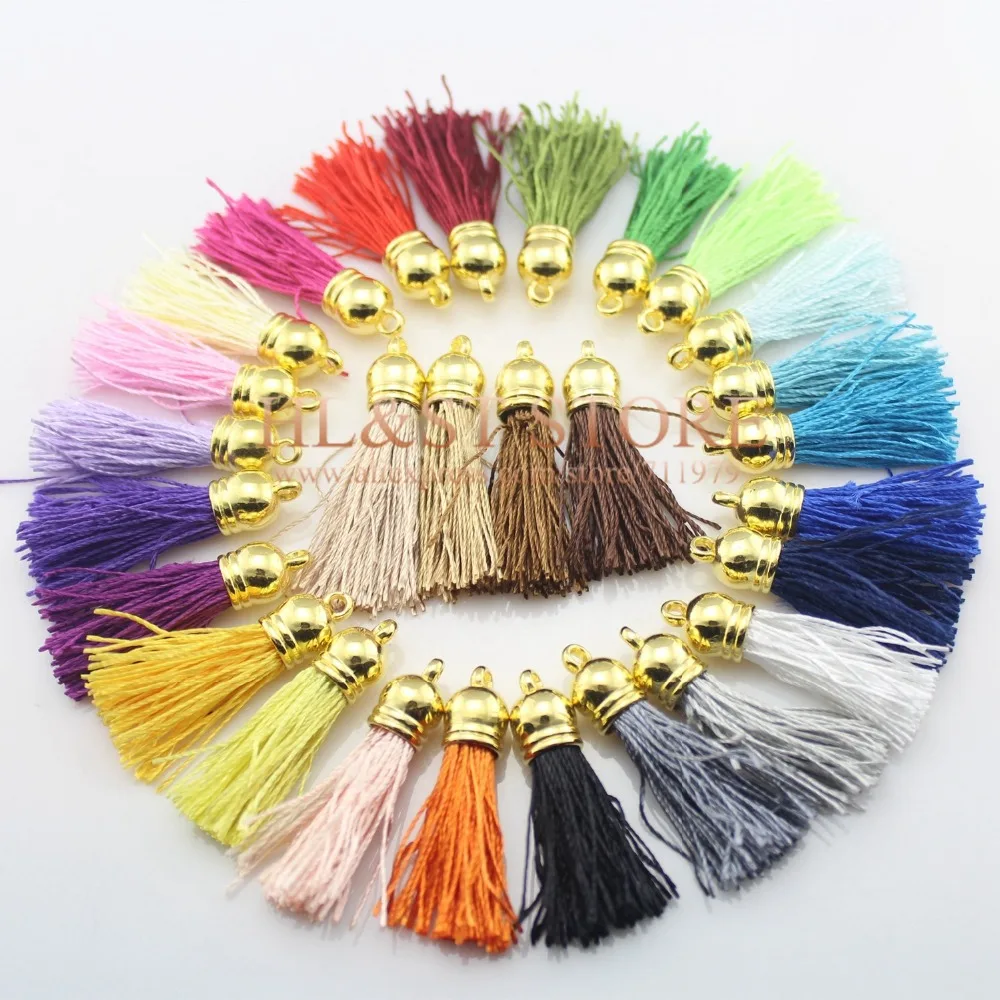 28PCS Mini (38MM) Gold Cap Polyester String Tassel For Keychain