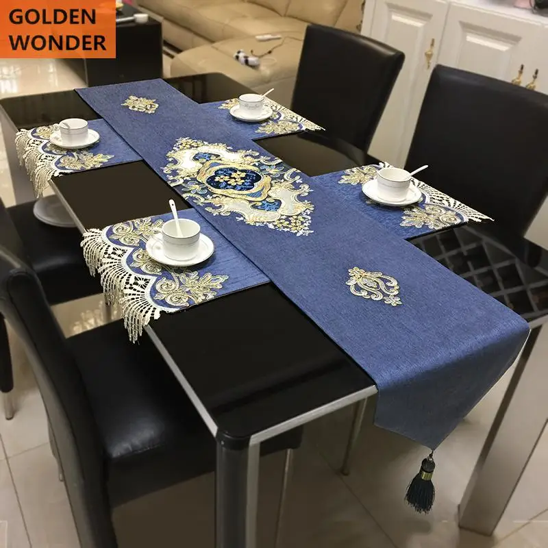 

Modern Customized Simple Table Runner Bed Runner Elegant Table Runners Mats Blue Chinese Lace