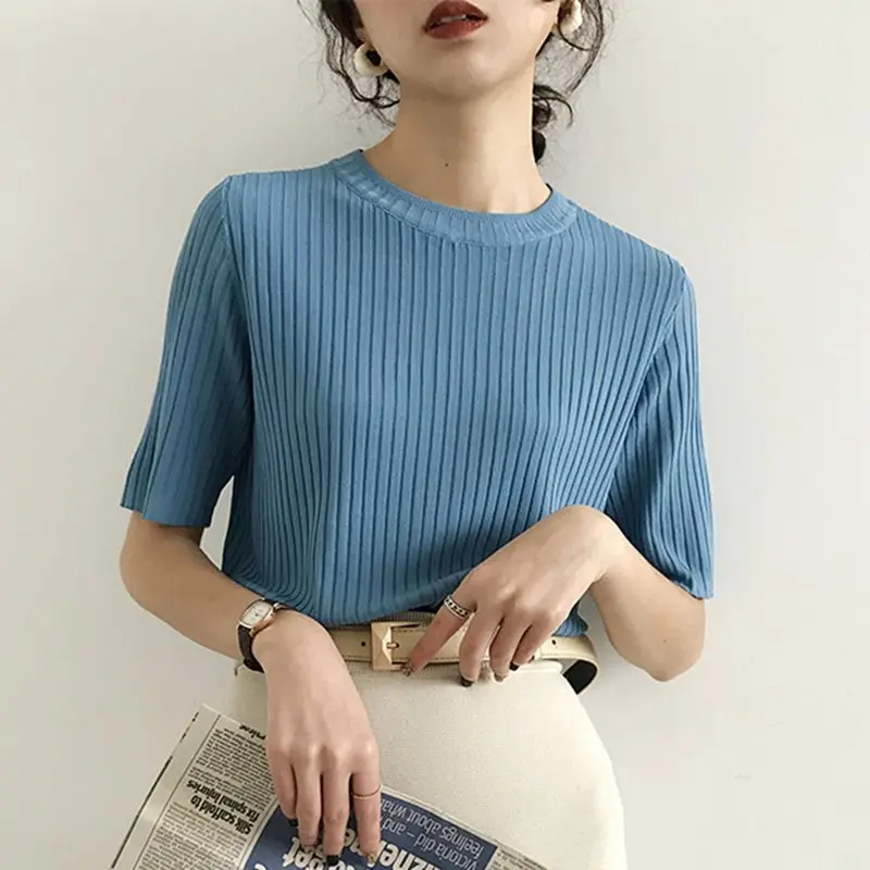 

Knitted T Shirt Women Korean Fashion Summer Street Chic Blue Students Casual Tshirt Autumn Black Tops Simple Stripe Tee Shirts