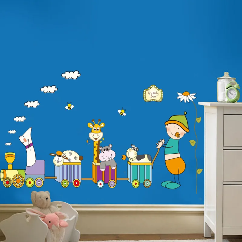 Cartoon Animal Train Wall Stickers for Children room Bedroom Kindergarten Wall Decoration Art Wall Decals Murals Wallpaper dc8
