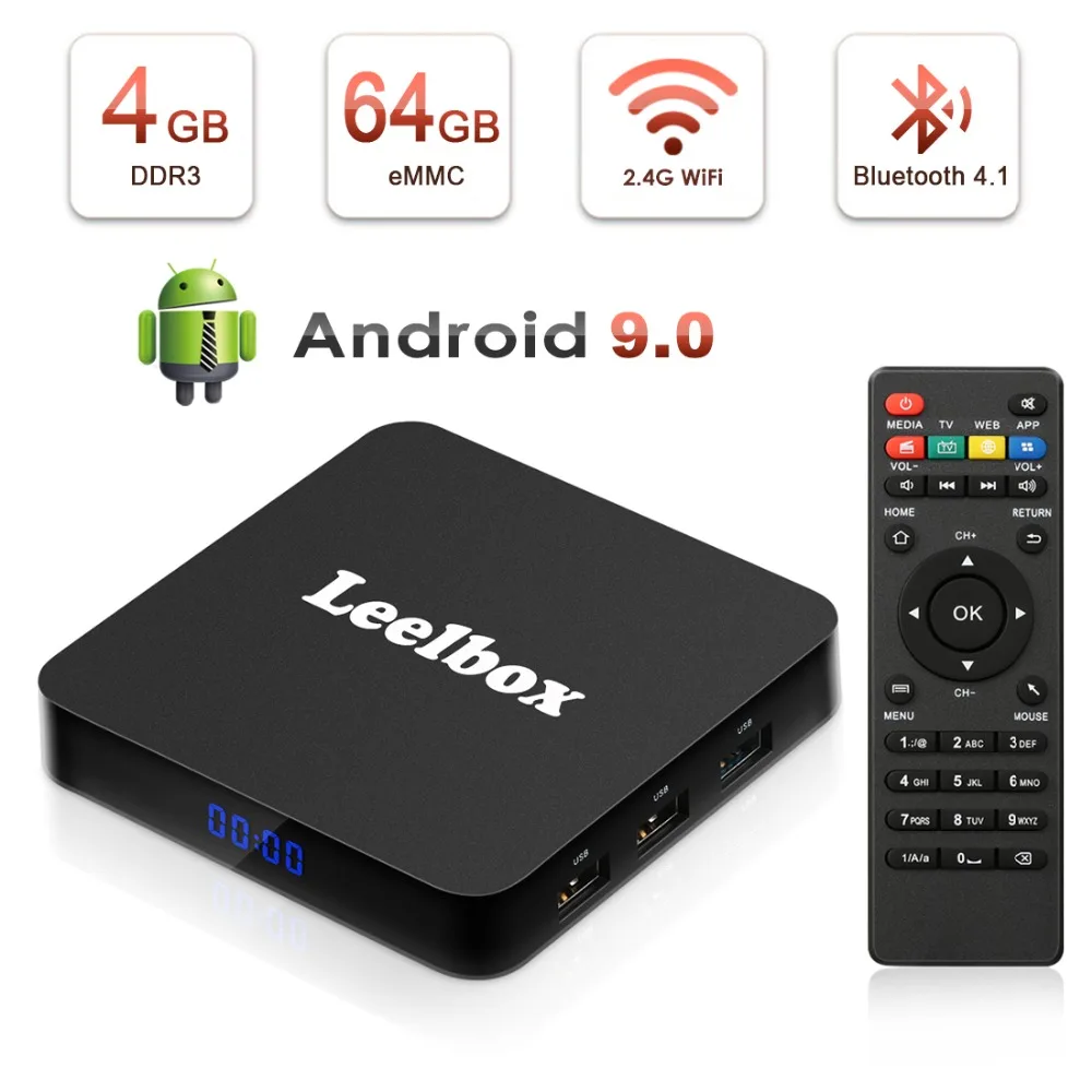 تي في بوكس أندرويد 9.0 ، 4 GB + 64 GB Leelbox Q4 زائد RK3328 رباعية النواة الذكية حامل صندوق التلفزيون USB 3.0/BT 4.1/2.4 GHz WiFi/3D/4 K/H.265