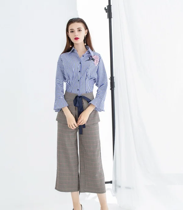 Top Quaity New Designer Set Clothing Women Sequined Tops Striped Shirt+Vintage Plaid Mini Skirt+Wide Leg Pants & Capris Set 3pc Women's Sets