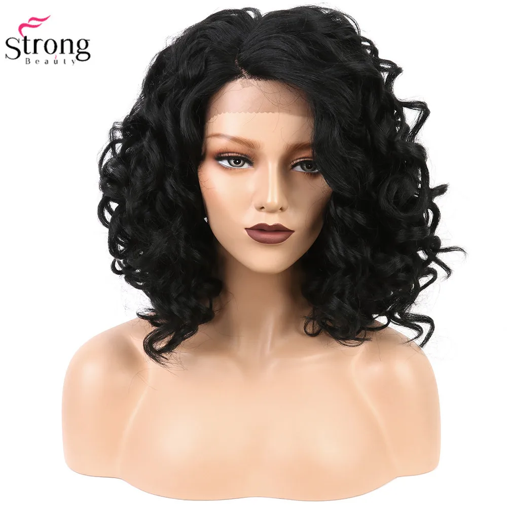 StrongBeauty Женские синтетические волосы на кружеве парики средние волосы черный вьющиеся парик из натуральных волос