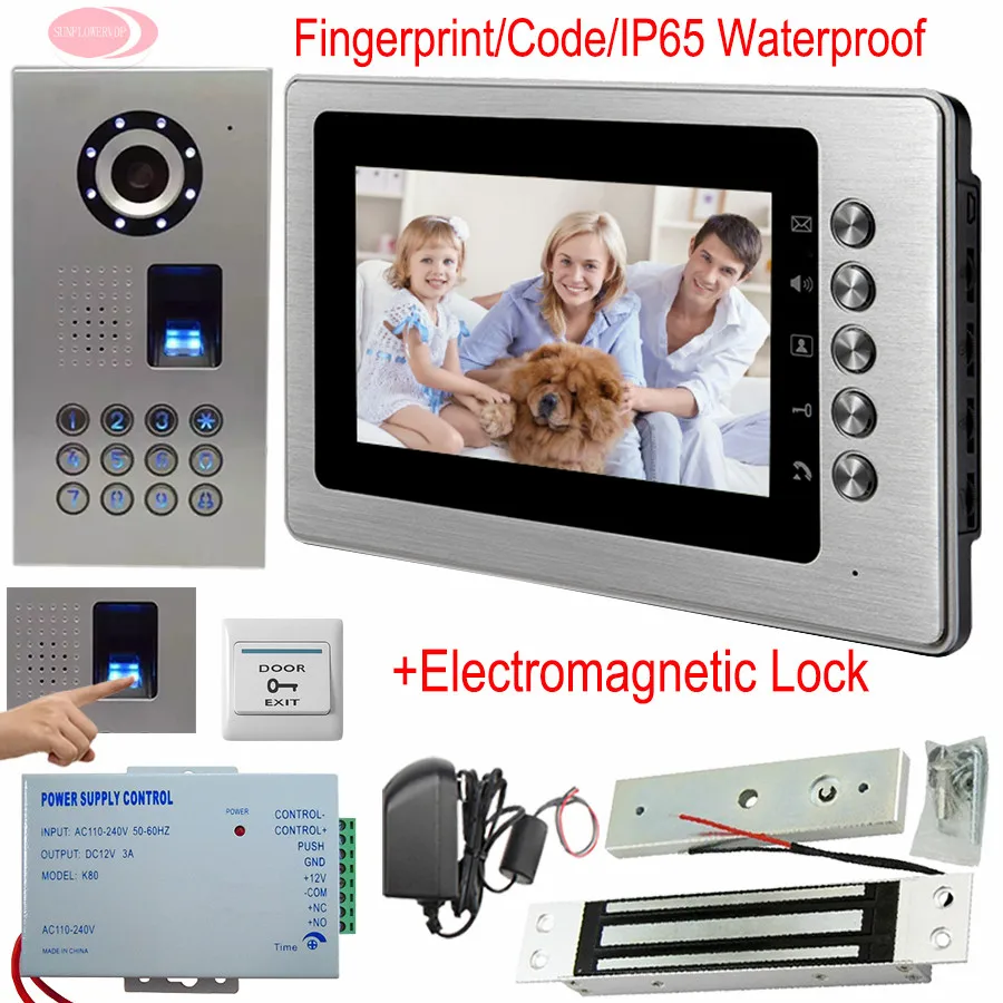 

7'' TFT LCD Monitor Video Door Phone With Magnetic Door Lock Fingerprint/Code Unlock Video intercom Outdoor Unit IP65 Waterproo