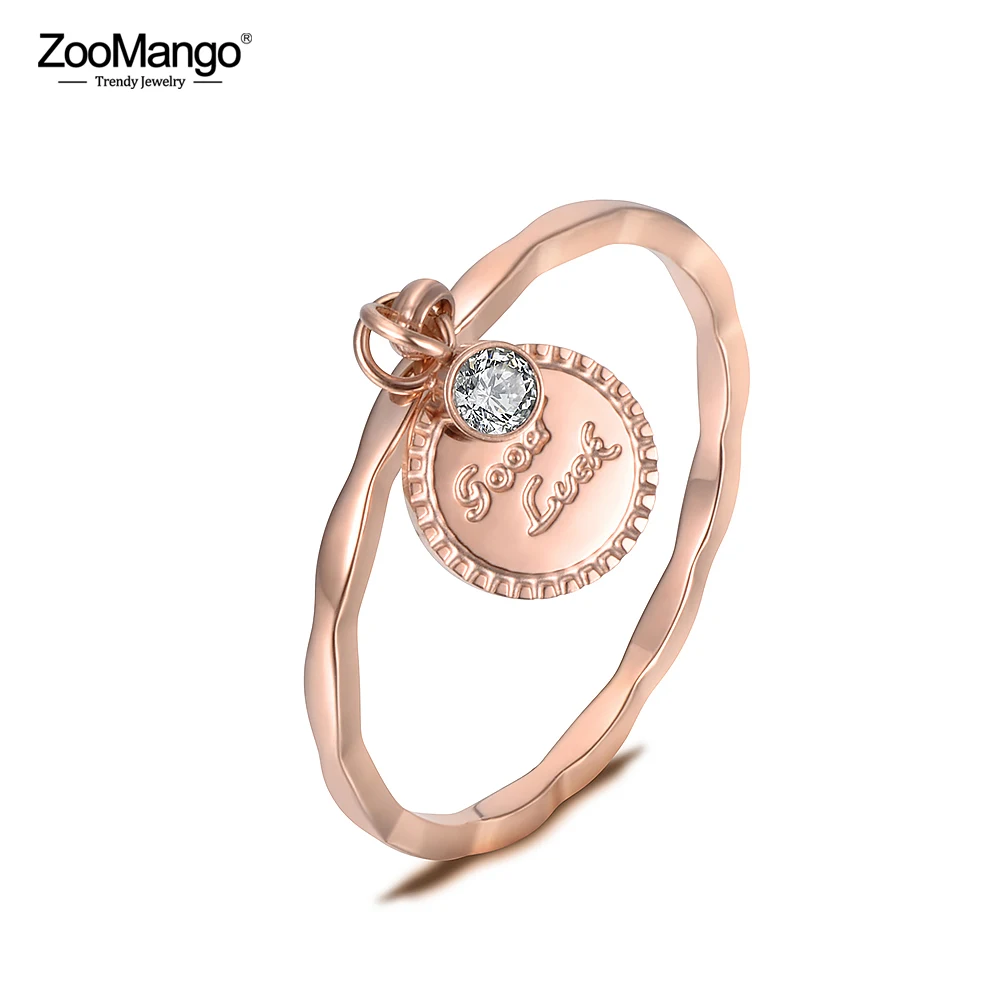 

ZooMango Stainless Steel Rose Gold AAA CZ Crystal Sinusoid Shape Rings For Girls Good Luck Coin Charm Christmas Gift ZR18143
