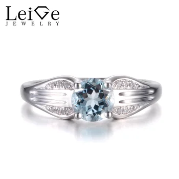

Leige Jewelry Natural Sky Blue Aquamarine Ring March Birthstone Round Cut Gemstone Solid 925 Sterling Silver Simple Ring for Her