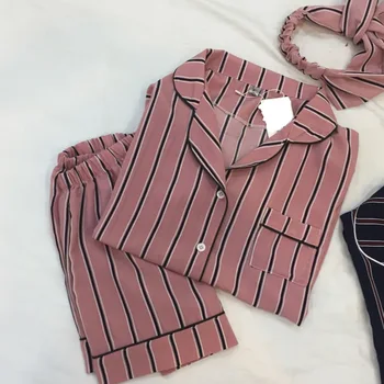 

Women Pajamas Set 2019 Summer Sexy Sleepwear Turn-down Collar Home Wear Two Piece Set Shirt+Shorts Striped Casual Pajama Sets
