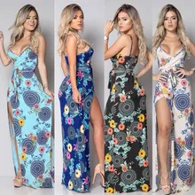 Women Sleeveless Strapless Slit Long Dress Summer Elegant Club Party Dress Sexy Flower Print V Neck Dresses Lady Tunic Vestidos Women Sleeveless Strapless Slit Long Dress Summer Elegant Club Party Dress Sexy Flower Print V Neck Dresses Lady Tunic Vestidos