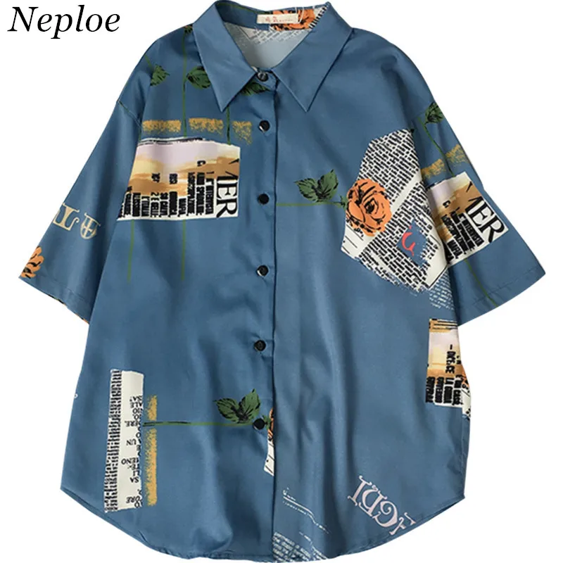 

Neploe New Print Short Sleeve Women Blouse Turn-down Collar Loose Casual Button Female Tops 2019 Streetwear Button Blusas 67725